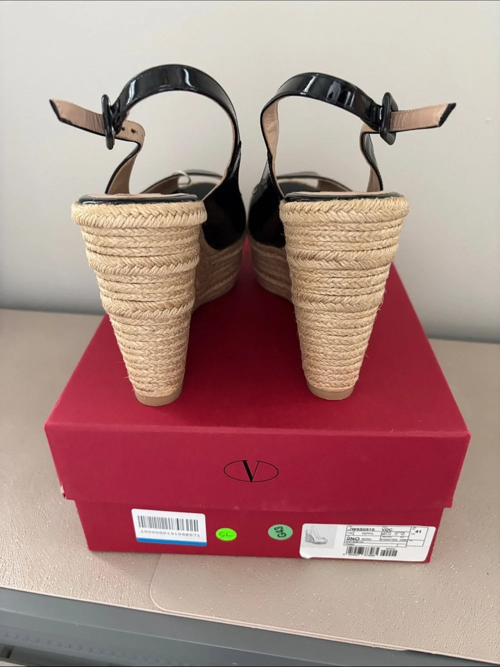 Valentino Black Patent Leather Espadrille Wedge Sandals
